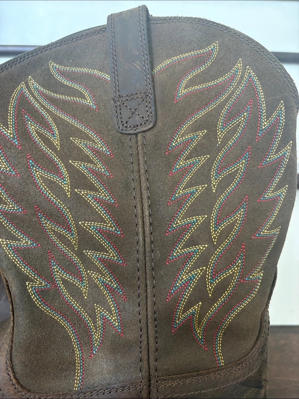 Ariat Brown Leather Western Work Boots with Multi-Color Stitching
